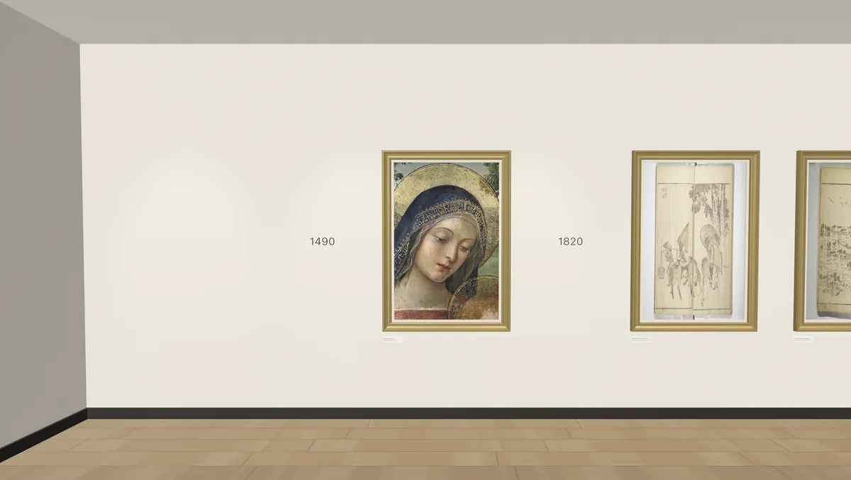 Masters hung along a gallery wall with year markers